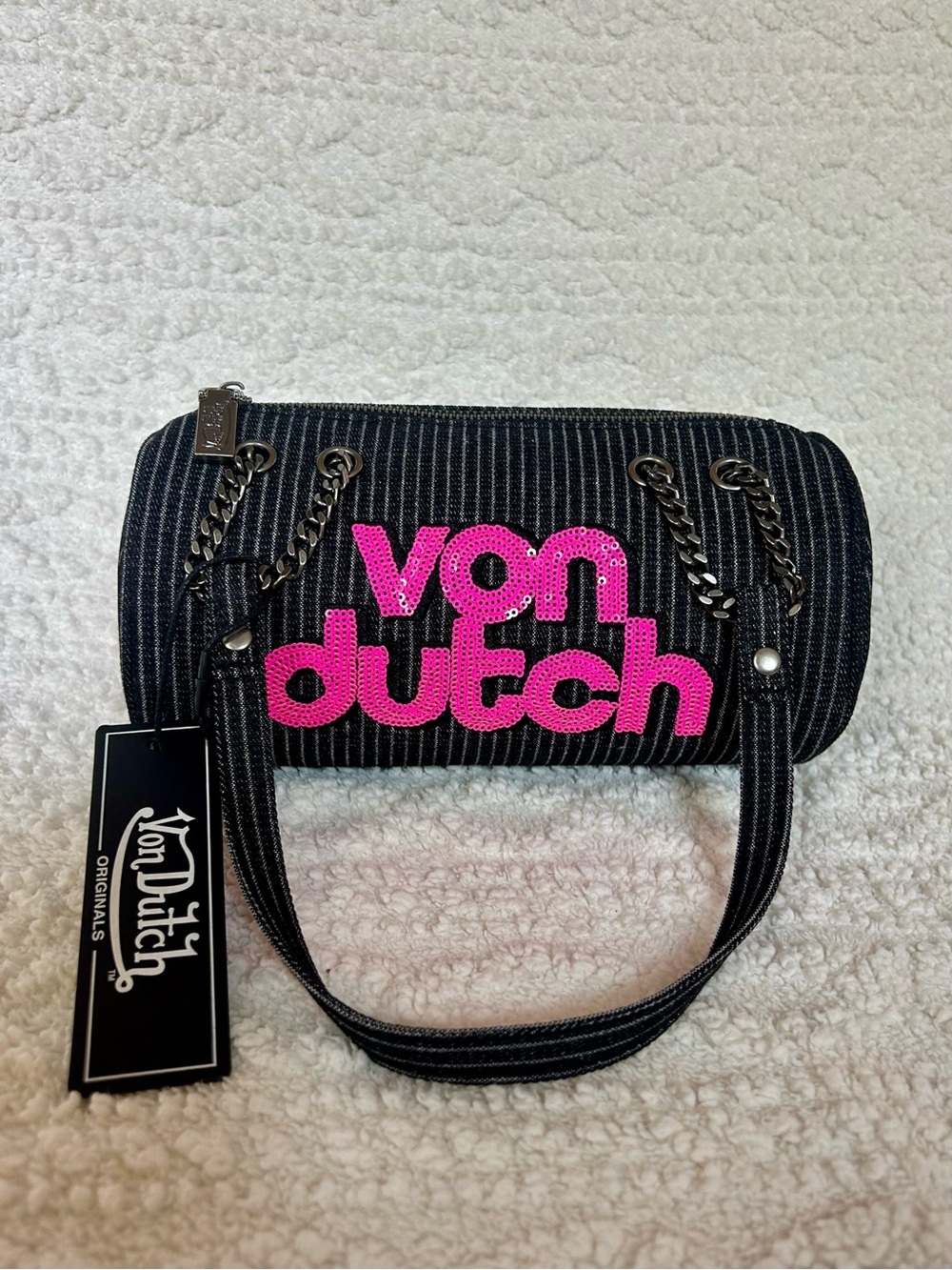 Von Dutch Black Pink Barrel Bag w/ Sequin Logo NWT